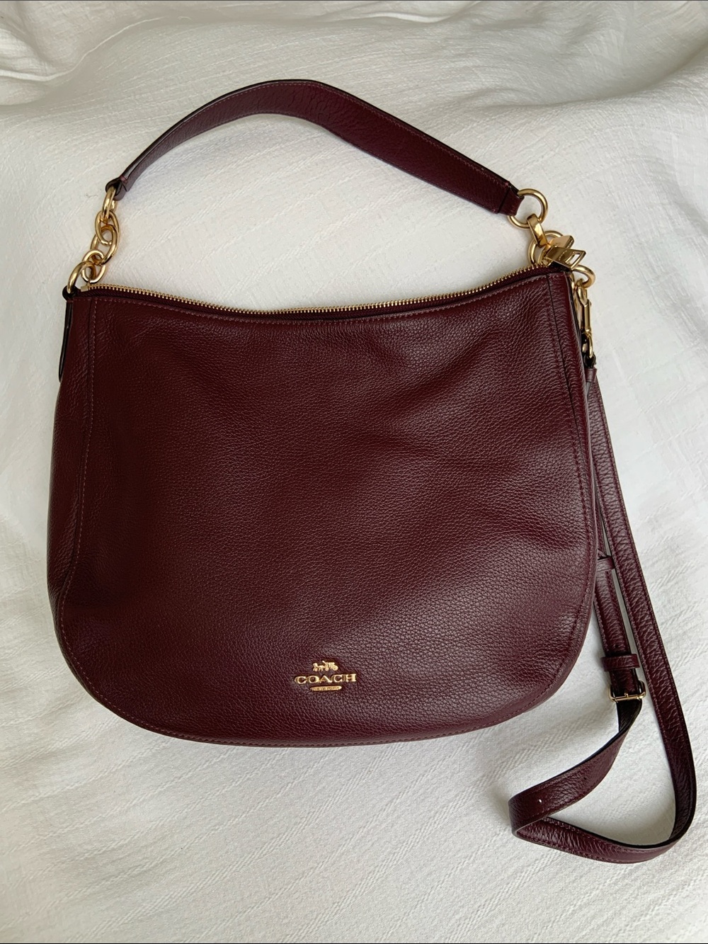 Coach Leather Tag Keychain in Burgundy with Gold Chain
